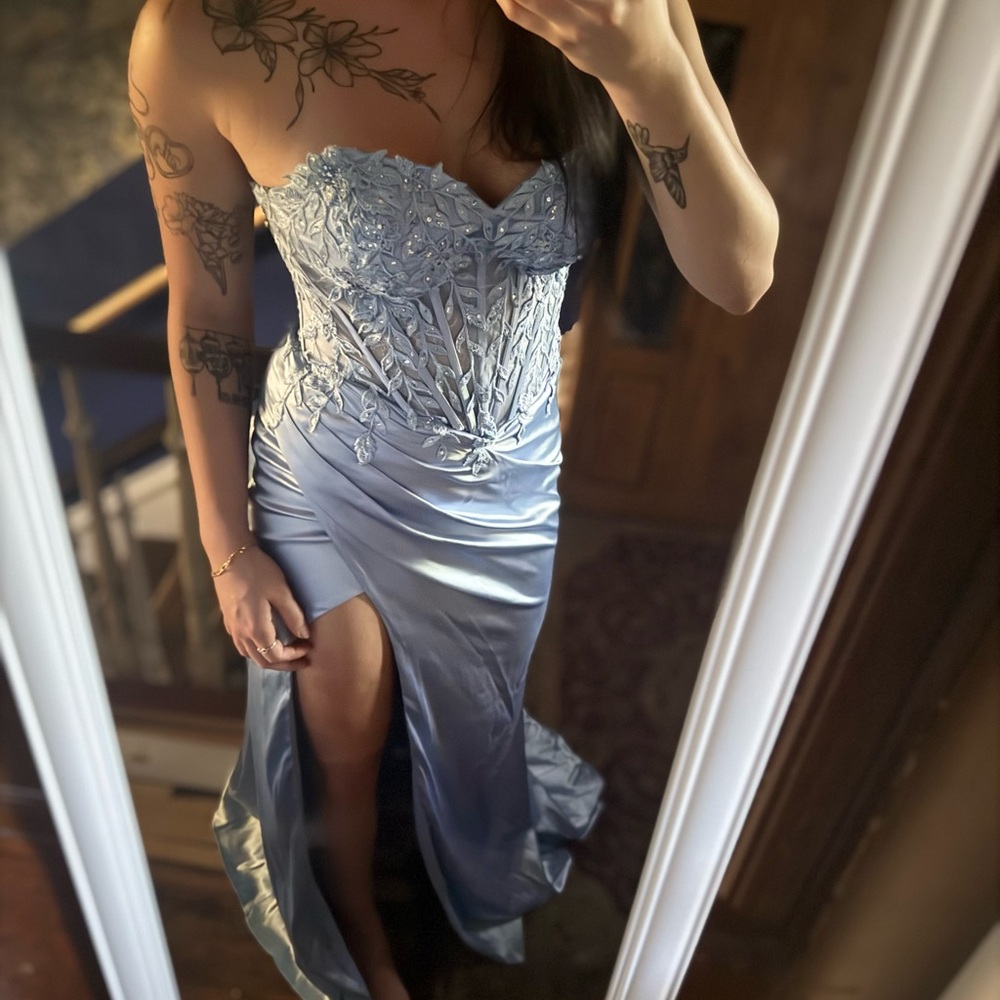 Mori Lee Strapless Light Blue Gown